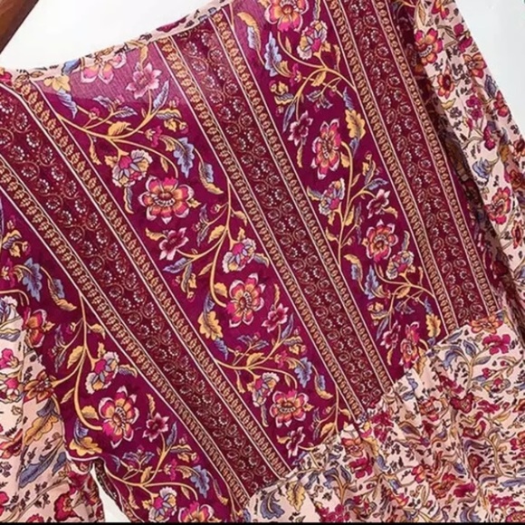 Maroon Multi Color Bohemian Floral Button Neck 3/4 Sleeve Blouse Top w/ Tie - Picture 9 of 11